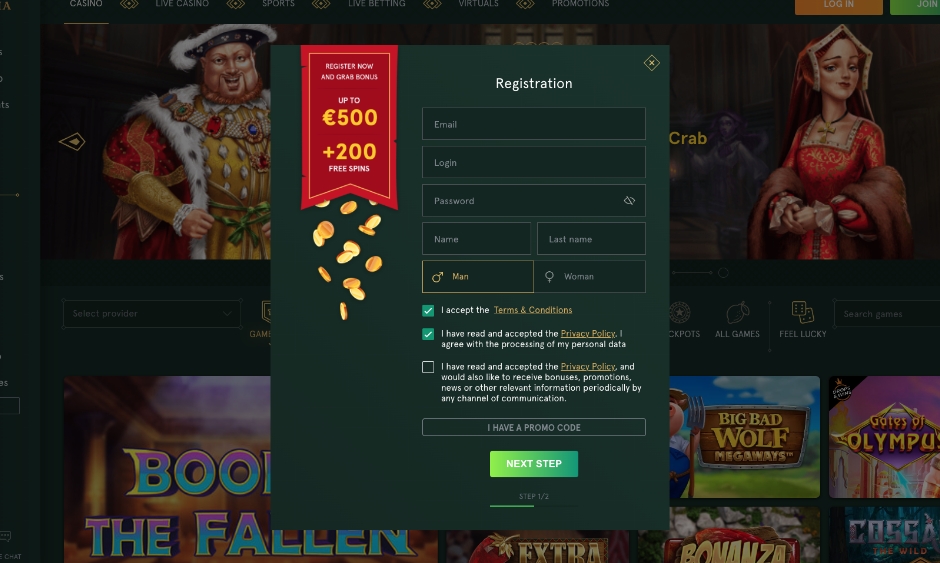 Casinia Casino Login & Registration on the real website