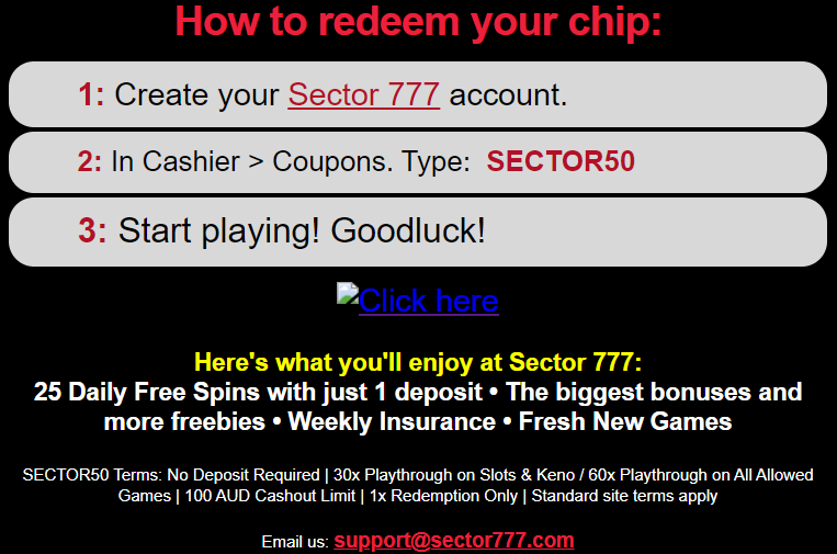 Sector 777 no deposit bonus redemption steps