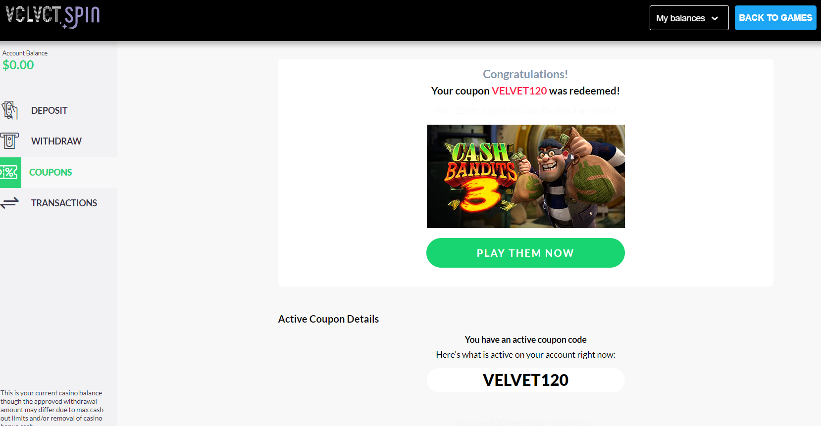 Velvet Spin 120 Free Spins Redeem