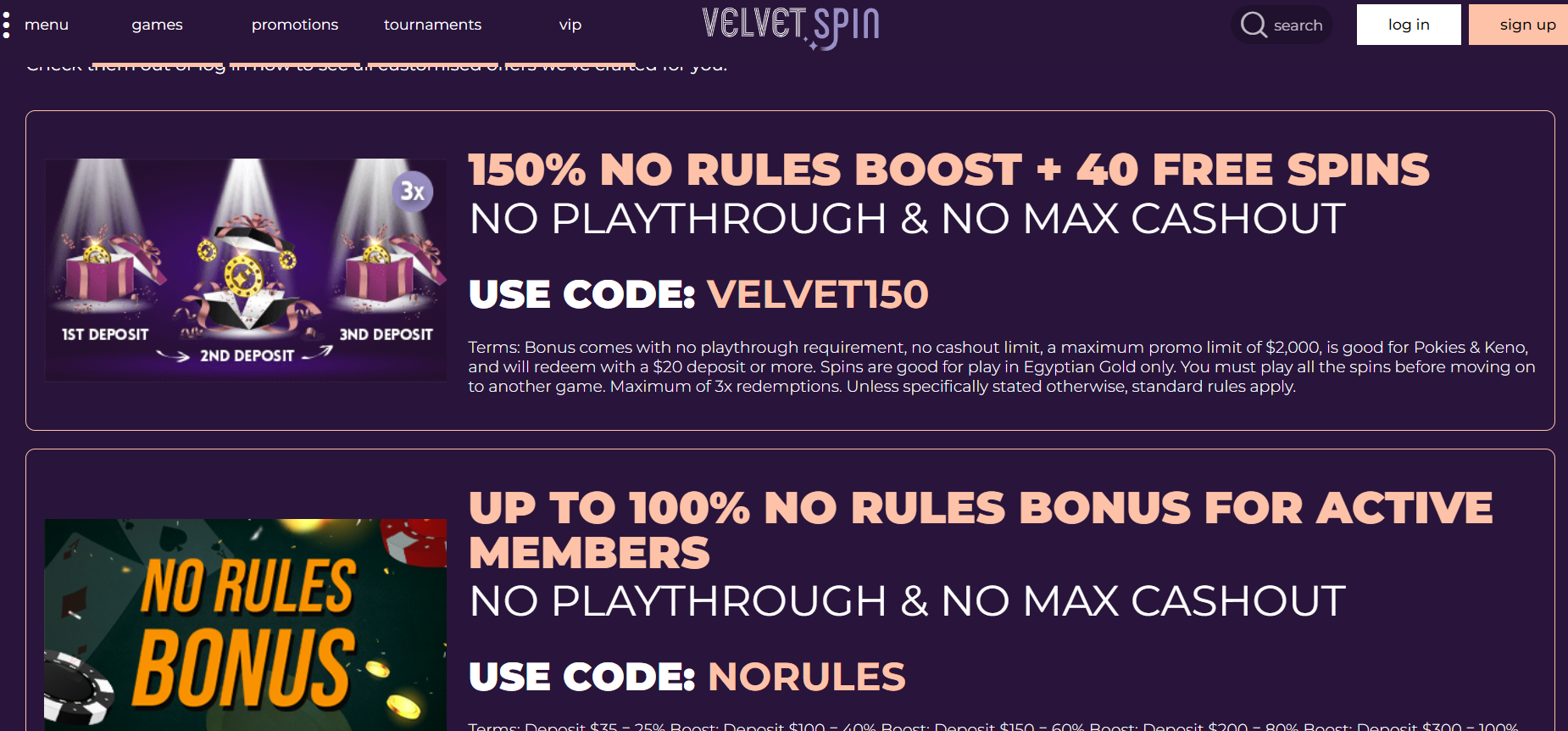 Velvet Spin promo codes